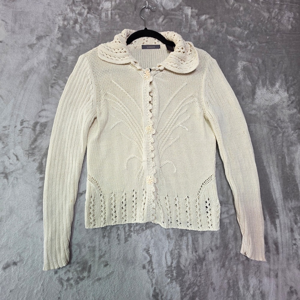 Liz Claiborne Cream Knit Cardigan Sweater Peter Pan Collar Pointelle Small
